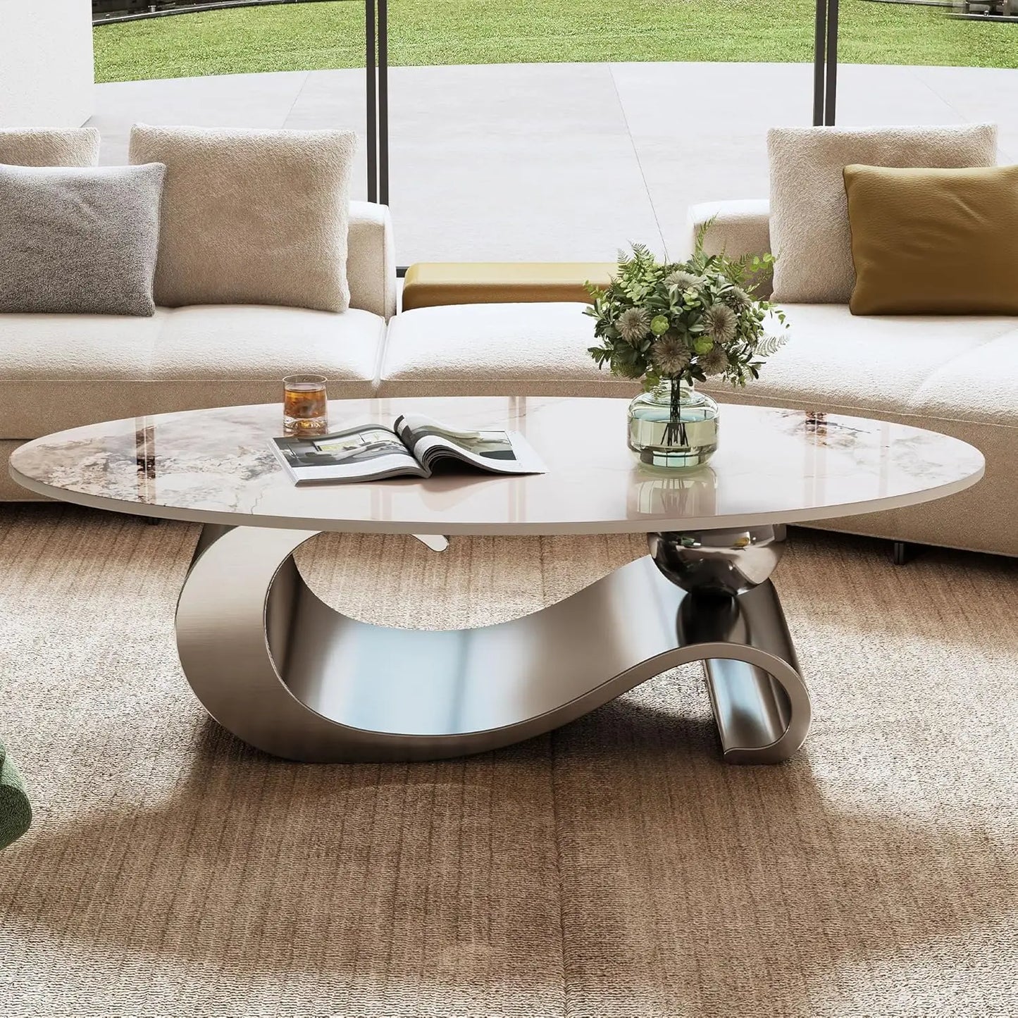 Luxury Oval Faux Marble Coffee Table