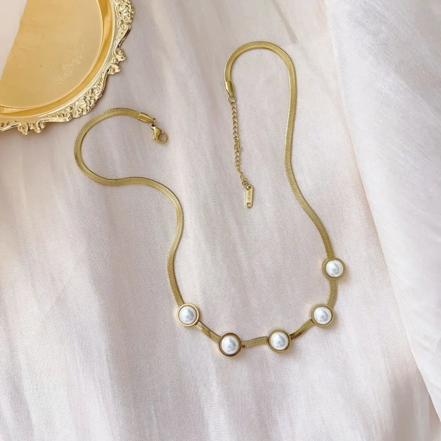 Titanium Steel Necklace Snake Chain With White Freshwater Pearl 18K Gold Plated Jewelry