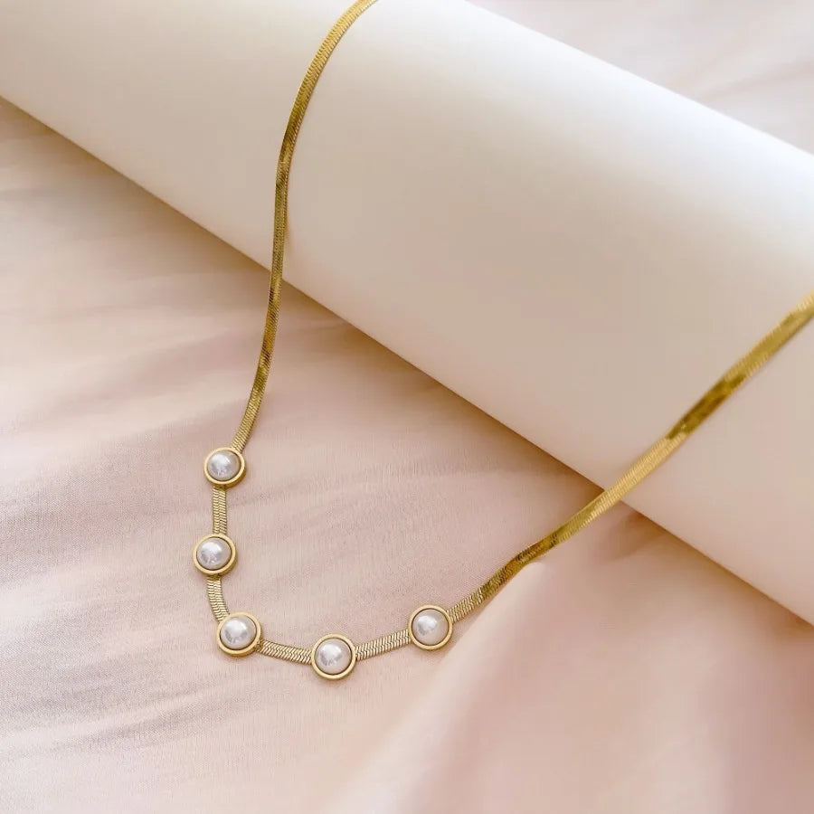 Titanium Steel Necklace Snake Chain With White Freshwater Pearl 18K Gold Plated Jewelry