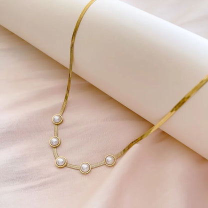Titanium Steel Necklace Snake Chain With White Freshwater Pearl 18K Gold Plated Jewelry