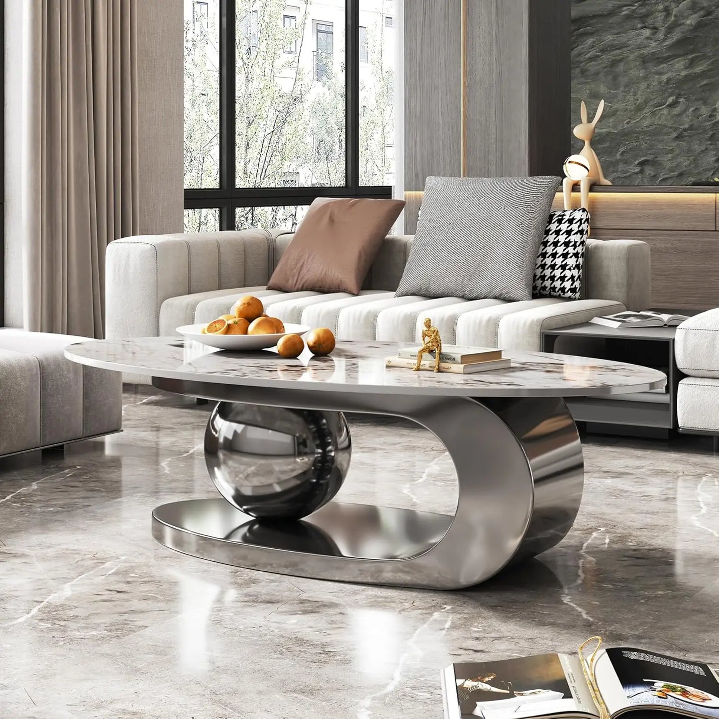 Luxury Oval Faux Marble Coffee Table