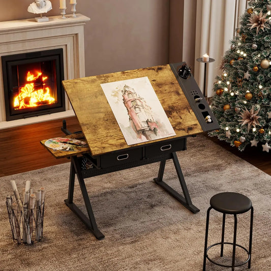 Adjustable Drafting Table with Stool