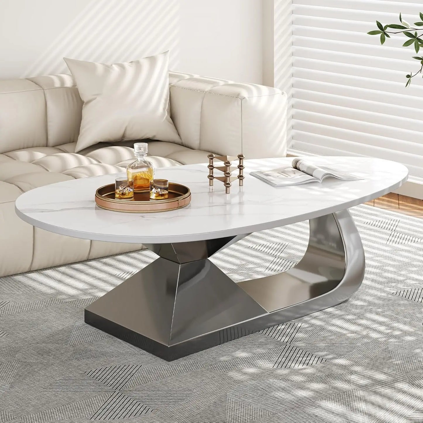 Luxury Oval Faux Marble Coffee Table