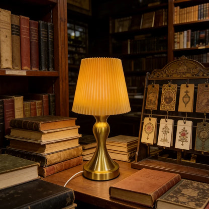 Pleated Fabric Table Lamp with Brass Base – USB Powered Accent Night Light