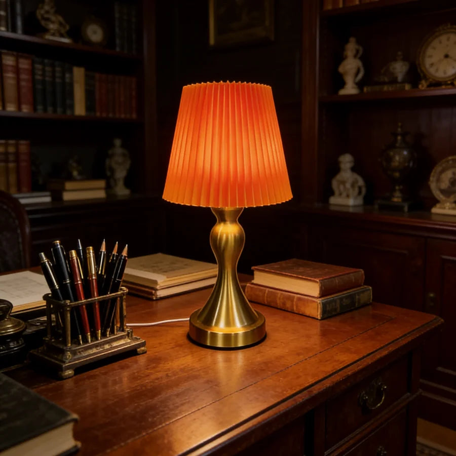 Pleated Fabric Table Lamp with Brass Base – USB Powered Accent Night Light