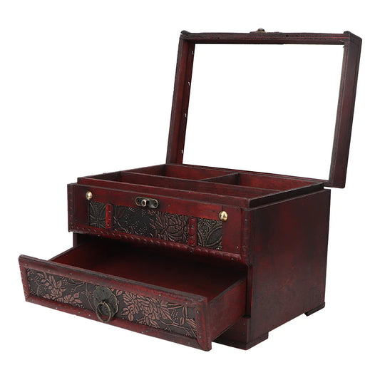 Vintage Wooden Jewelry Storage Box with Mirror