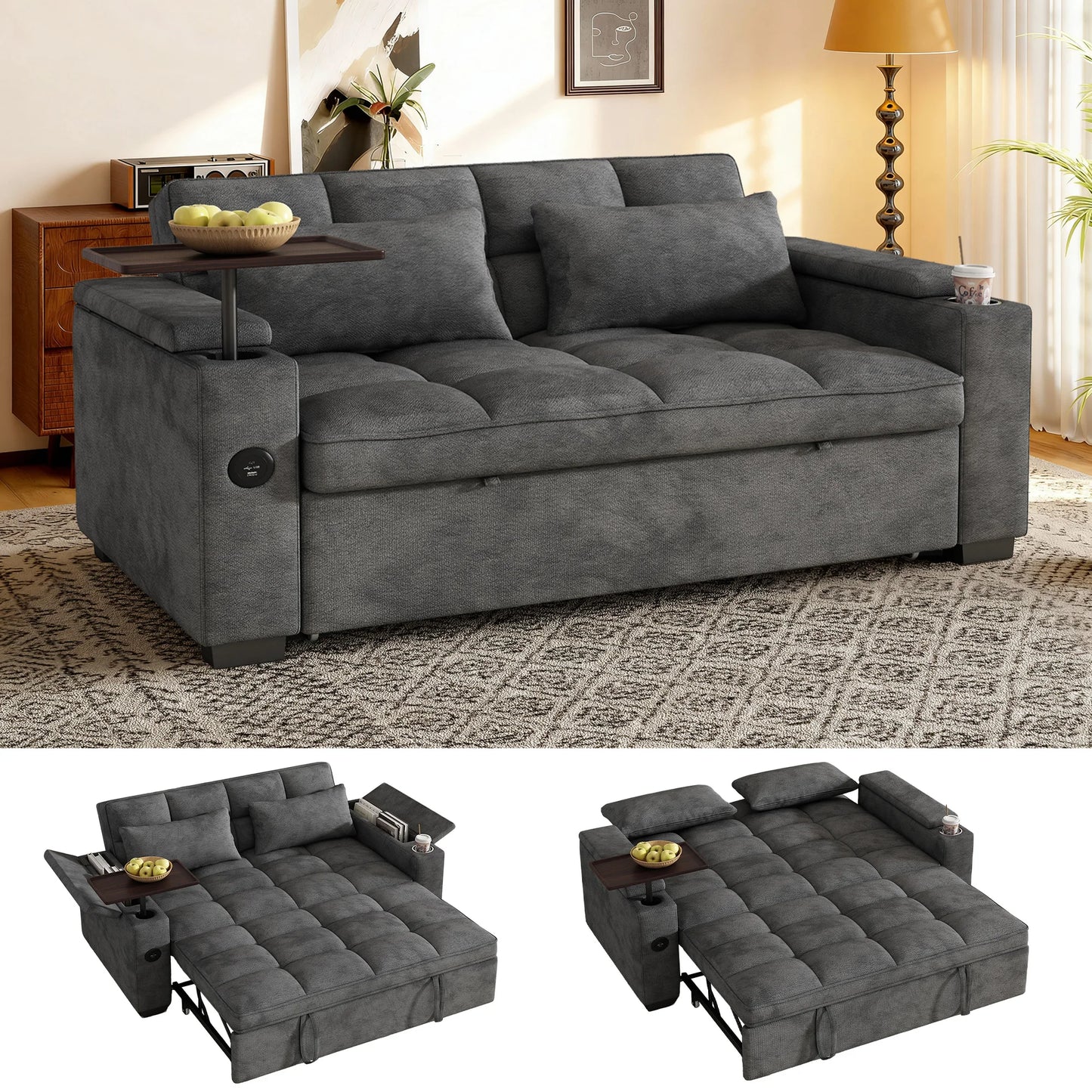 Convertible Sofa Bed Swivel Side Table
