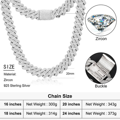 Men's 20mm 3-Row Iced Out Cuban Link Chain | 925 Sterling Silver Hip Hop Jewelry | High Quality AAA+ Cubic Zirconia
