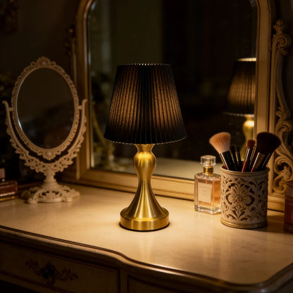 Pleated Fabric Table Lamp with Brass Base – USB Powered Accent Night Light