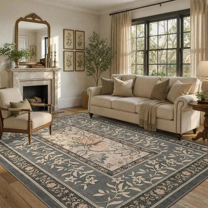 Vintage Floral Washable Area Rug & Hallway Runner
