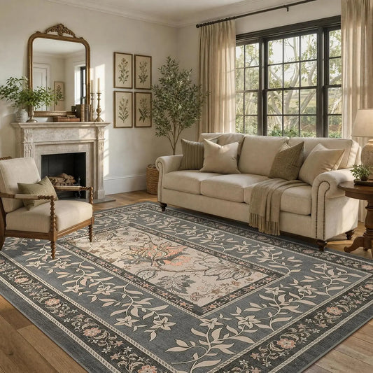 Vintage Floral Washable Area Rug & Hallway Runner