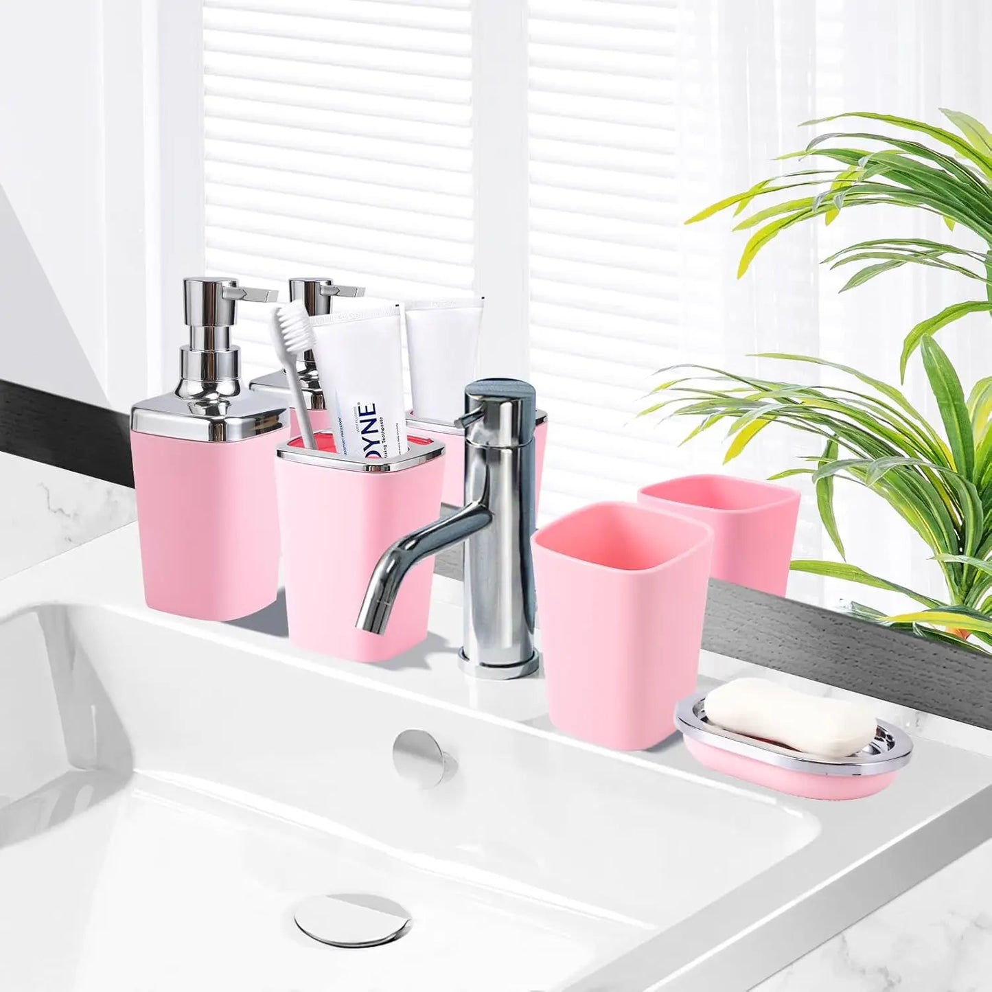 Pink Bathroom Accessory Set with Tray
