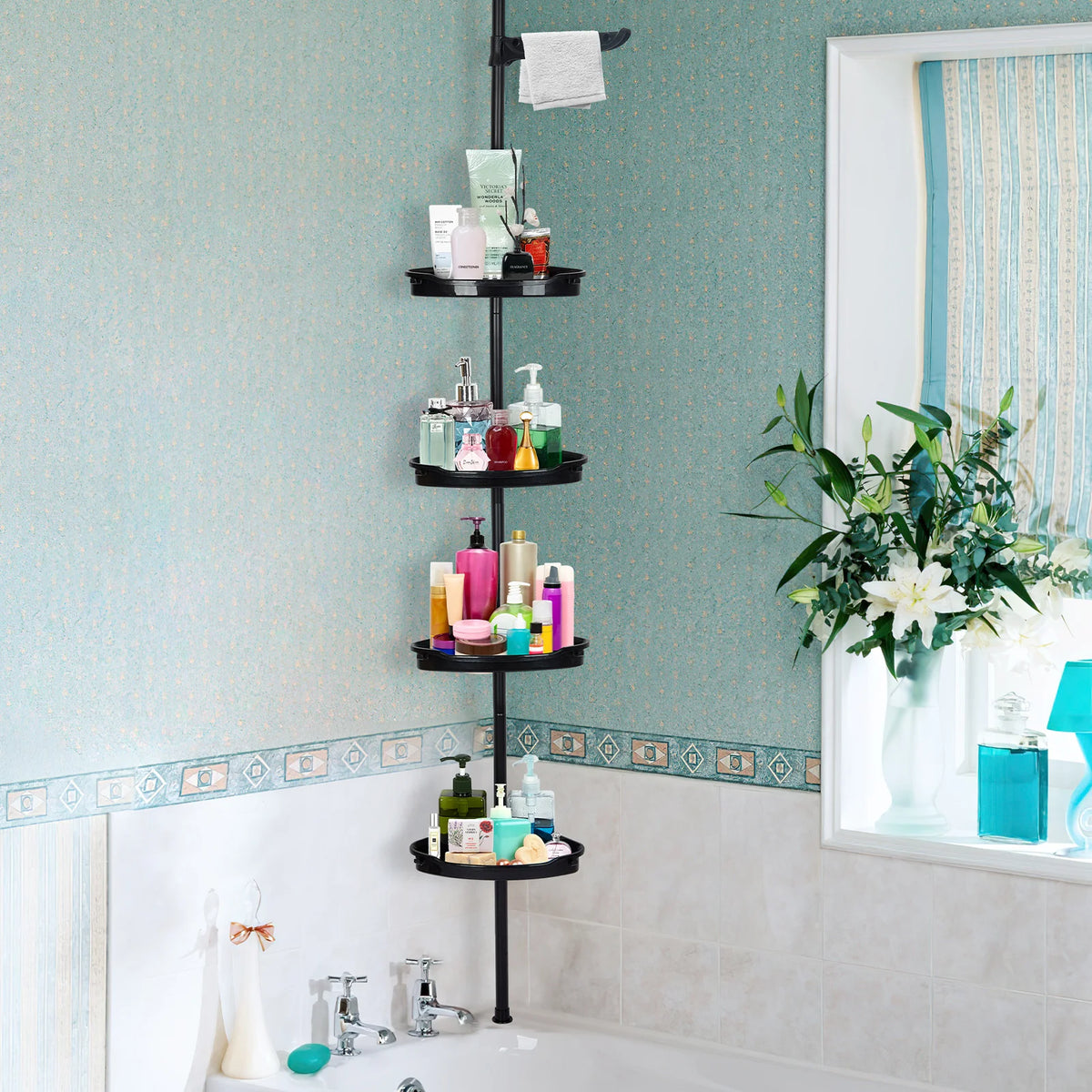 4-Tier Corner Shower Caddy – Extra Tall Adjustable Tension Pole (101.6"–122" H)