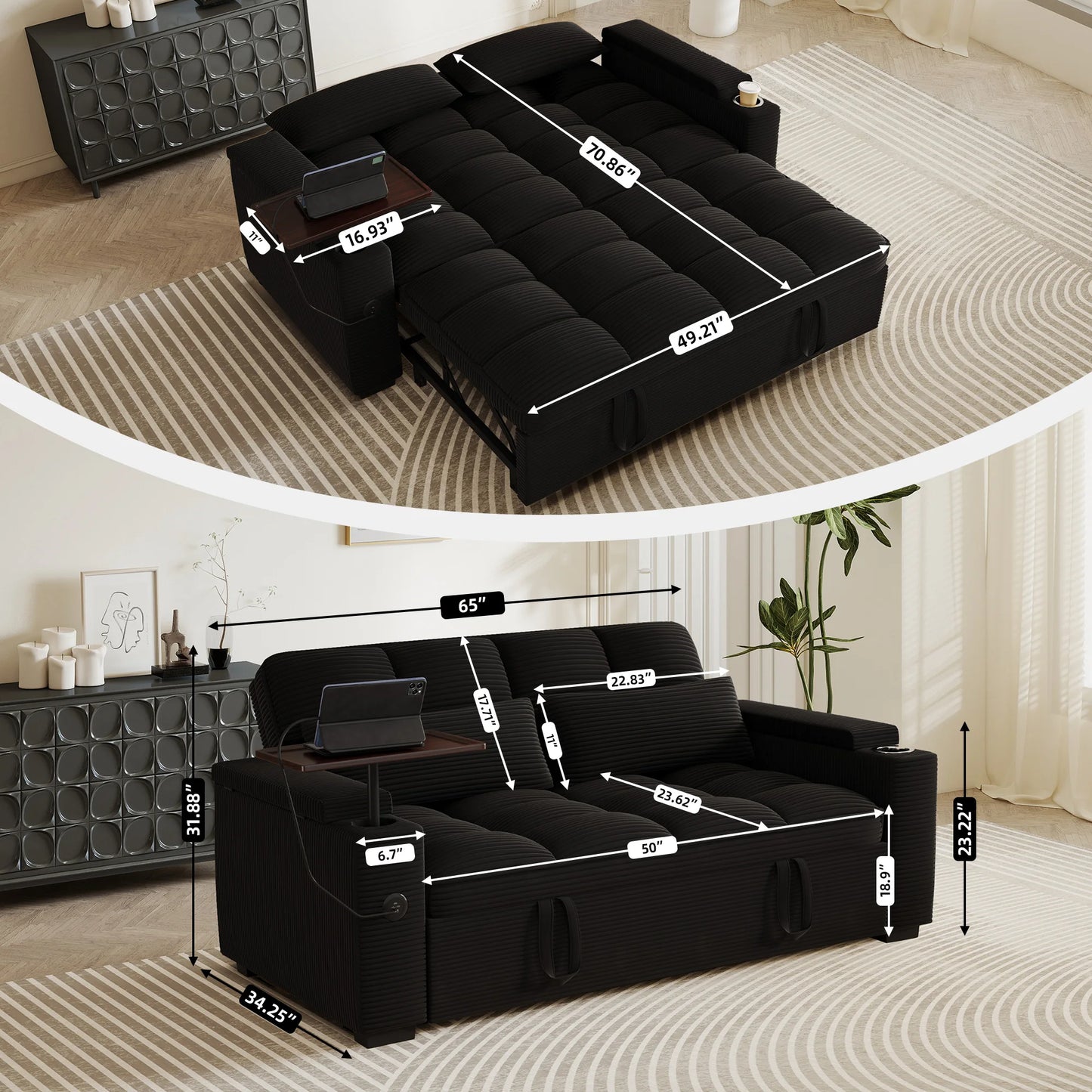 Convertible Sofa Bed Swivel Side Table