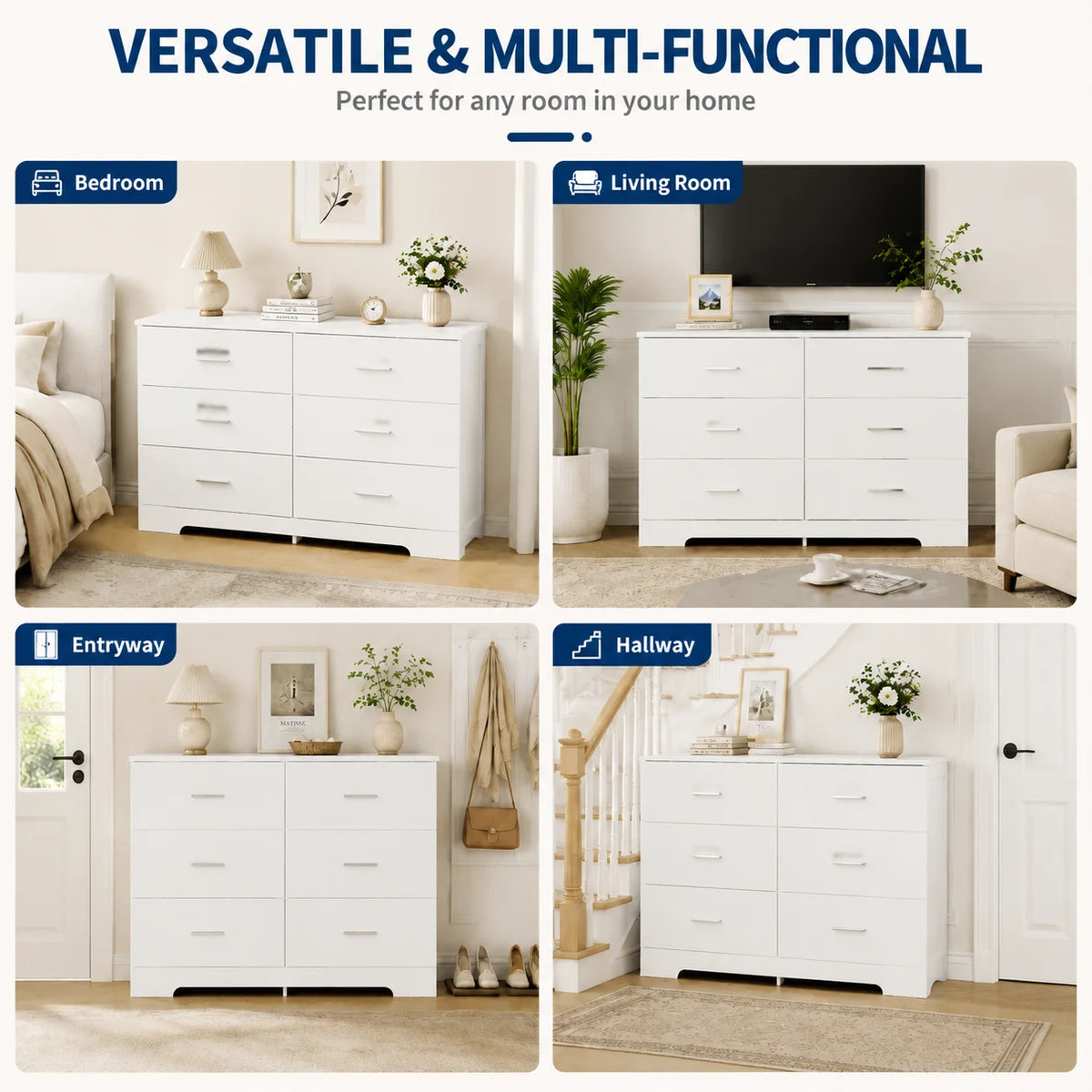 6-Drawer Wood Storage Dresser with Metal Handles