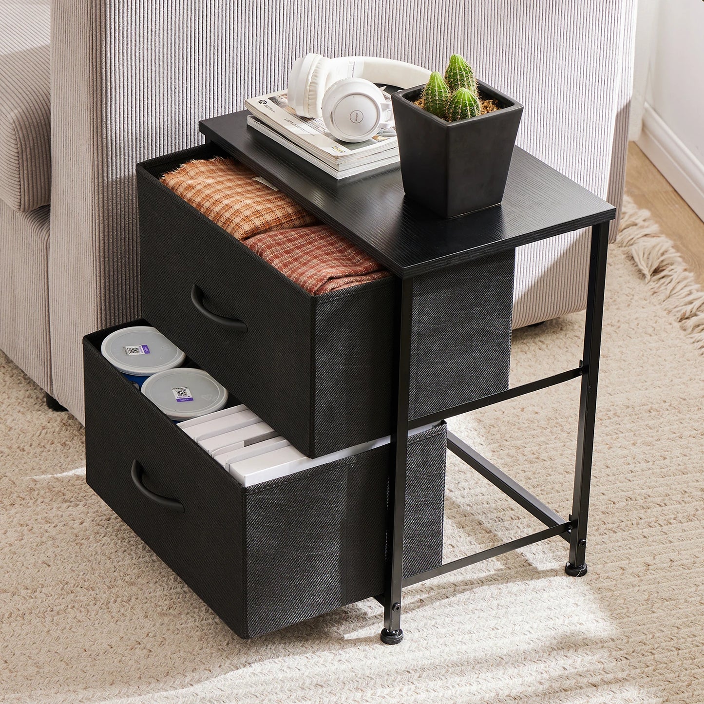 Nightstand with Fabric Drawers Bedroom Storage