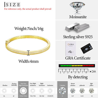 Men's 4mm 3-Row Moissanite Cuff Bangle | 925 Sterling Silver Hip Hop Bracelet