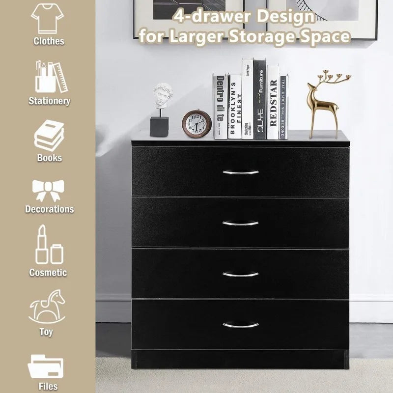 4-Drawer Black Chest Bedroom Dresser Storage