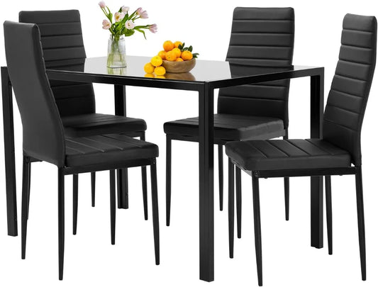 FDW  5-Piece Dining Table Set Glass Kitchen Table with 4 Upholstered Chairs and Faux Leather Cushions | Space-Saving
