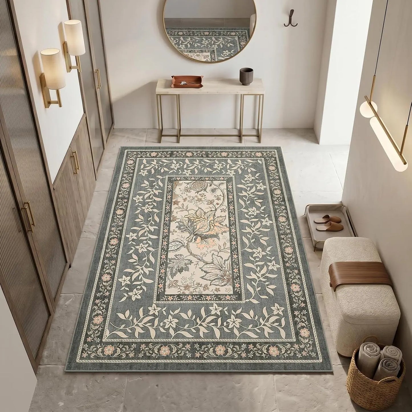Vintage Floral Washable Area Rug & Hallway Runner