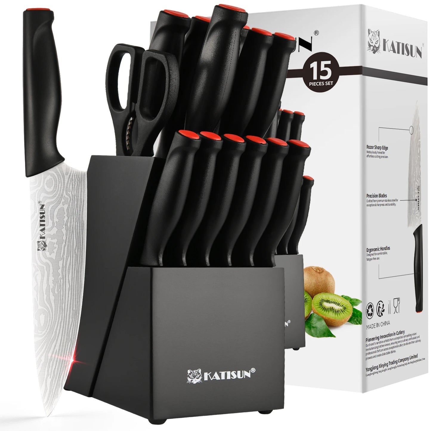 15-Piece Kitchen Knife Block Set w Sharpener