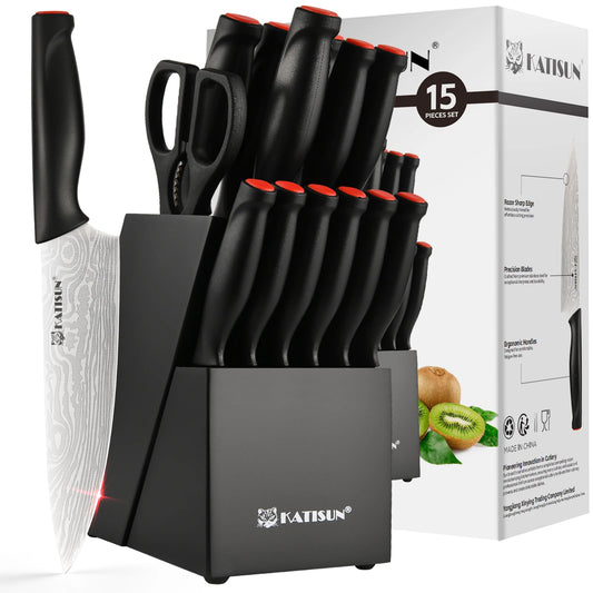 15-Piece Kitchen Knife Block Set w Sharpener