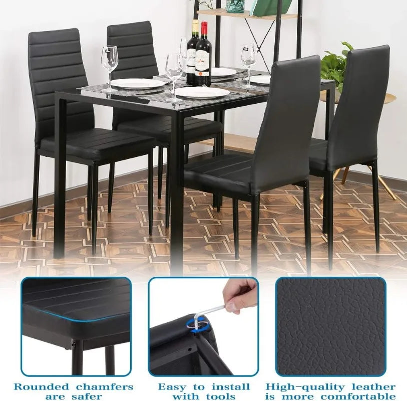 FDW  5-Piece Dining Table Set Glass Kitchen Table with 4 Upholstered Chairs and Faux Leather Cushions | Space-Saving