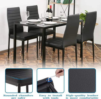 FDW  5-Piece Dining Table Set Glass Kitchen Table with 4 Upholstered Chairs and Faux Leather Cushions | Space-Saving