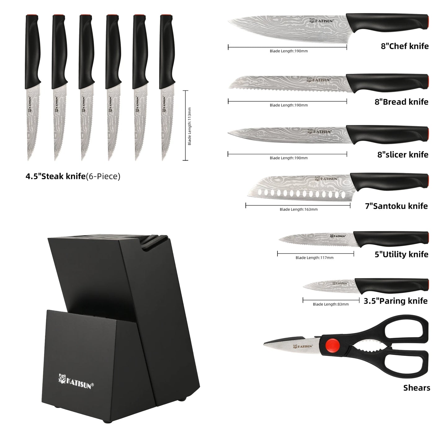 15-Piece Kitchen Knife Block Set w Sharpener