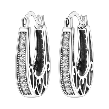 Retro Silver Grass Pattern Hoop Earrings
