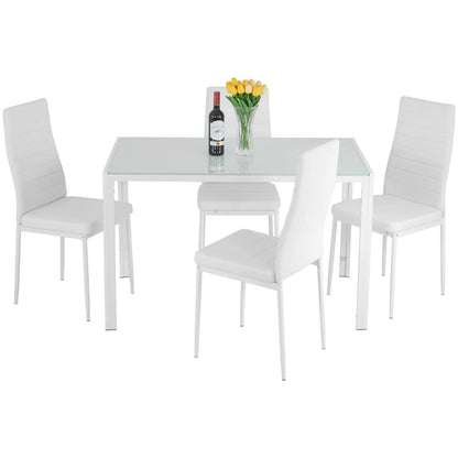 FDW  5-Piece Dining Table Set Glass Kitchen Table with 4 Upholstered Chairs and Faux Leather Cushions | Space-Saving