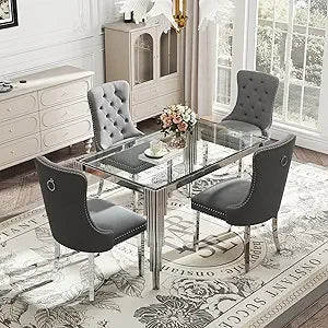 Glass Dining Table Set Gray Velvet Chairs