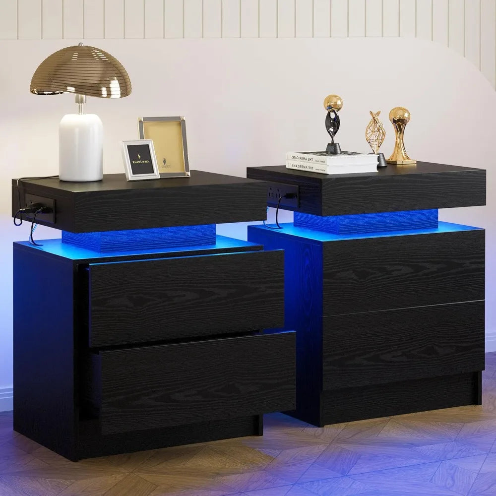 Modern Black LED Nightstand Set Bedside