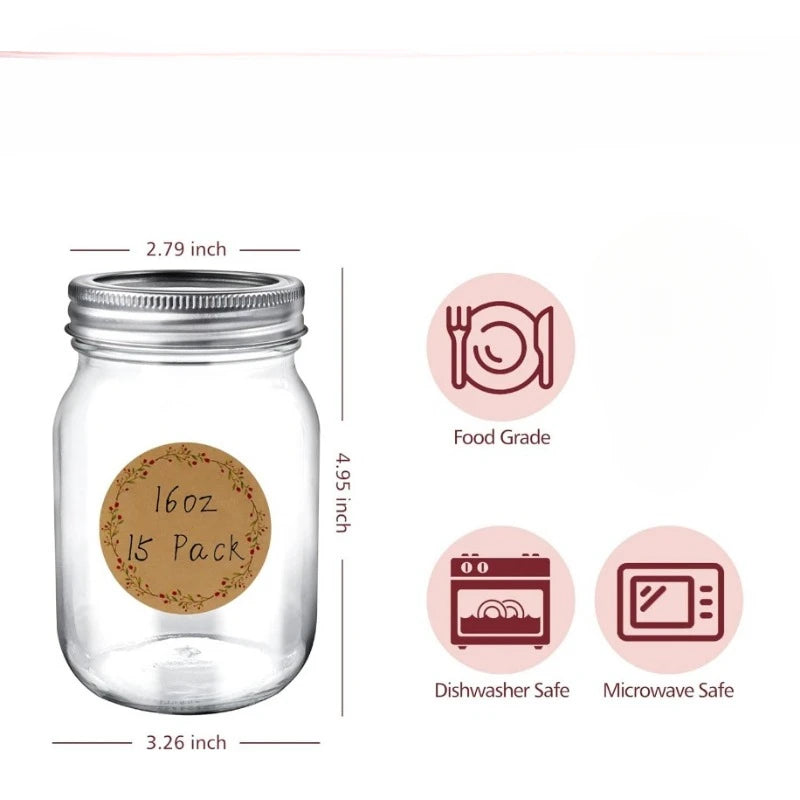 15-Pack 16oz Glass Canning Jars Airtight