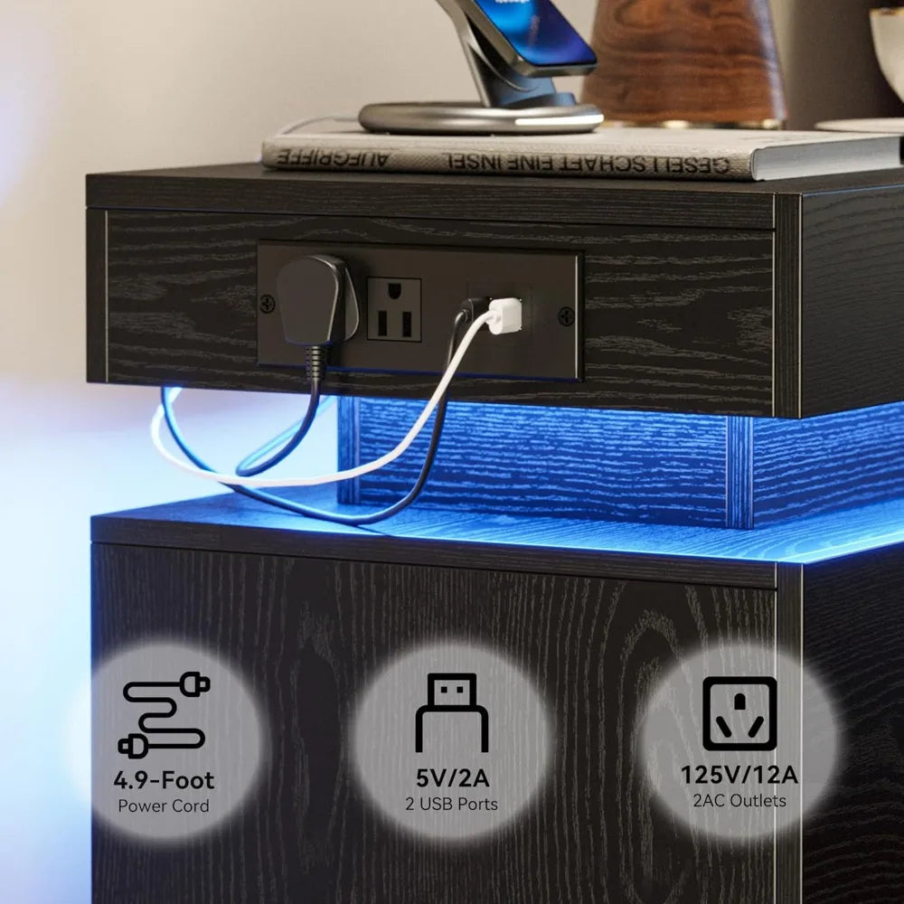 Modern Black LED Nightstand Set Bedside