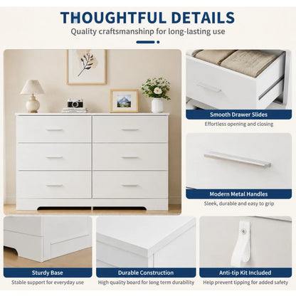 6-Drawer Wood Storage Dresser with Metal Handles