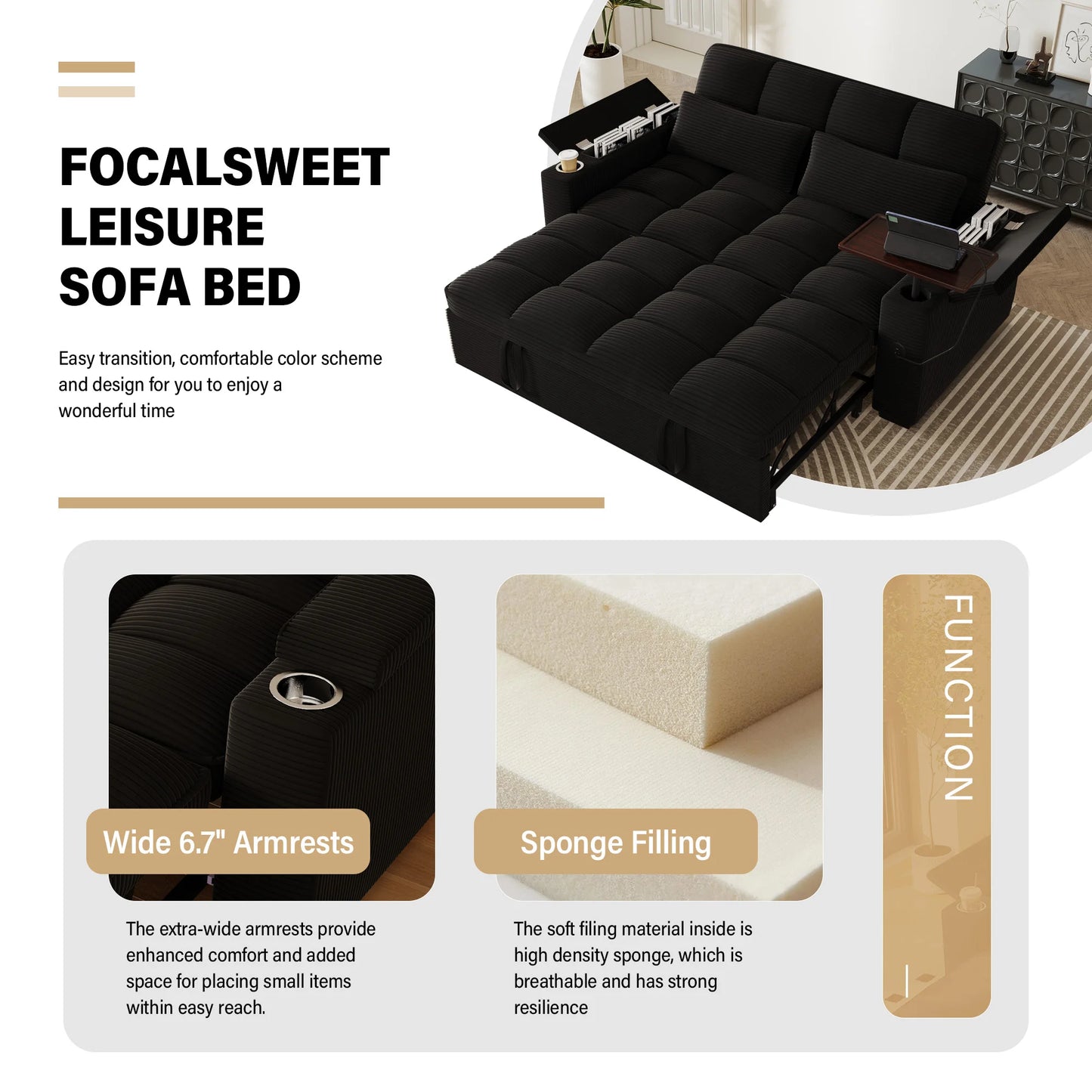 Convertible Sofa Bed Swivel Side Table