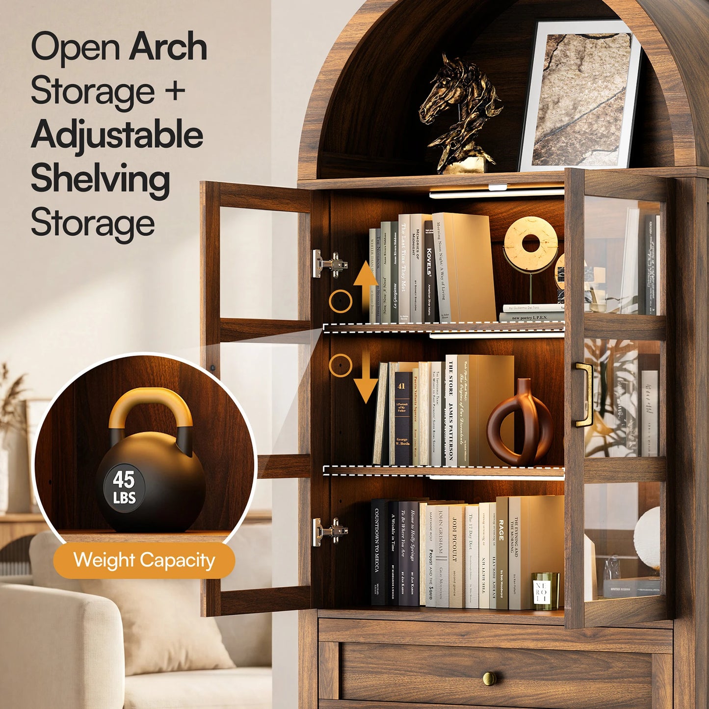 71" Arched Wood Storage Cabinet with Dimmable LED Lights