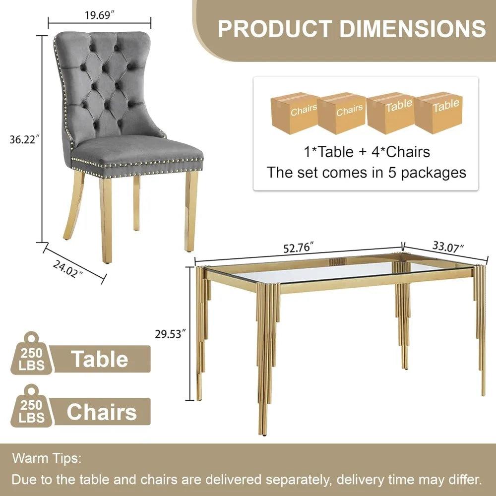 Glass Dining Table Set Gray Velvet Chairs