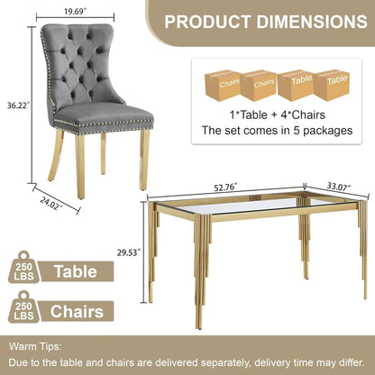 Glass Dining Table Set Gray Velvet Chairs