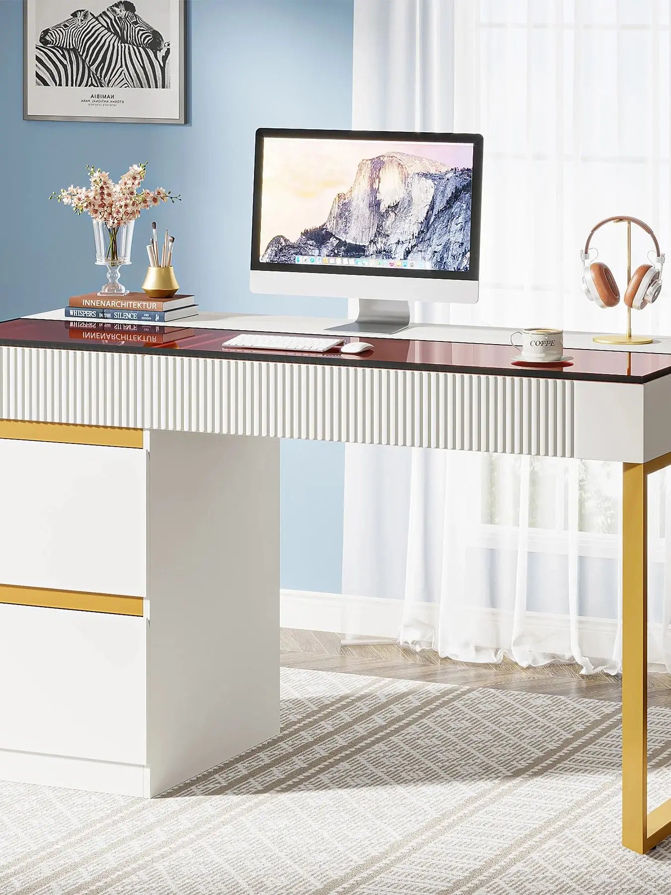 47" Modern White Gold Computer Desk