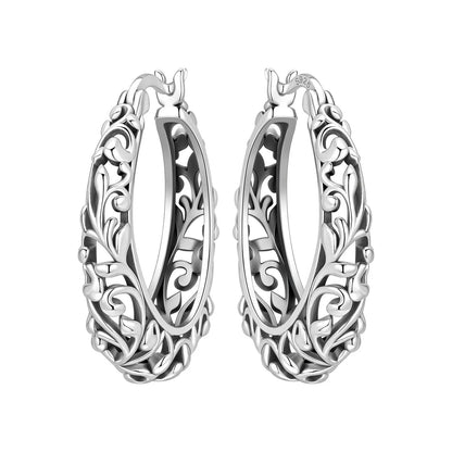Retro Silver Grass Pattern Hoop Earrings