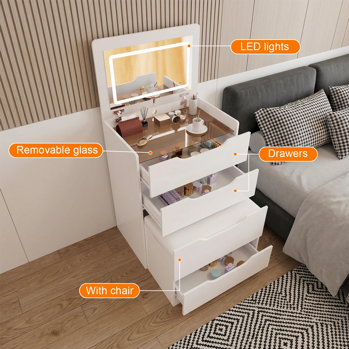 3-in-1 Compact Hidden Vanity Desk Nightstand