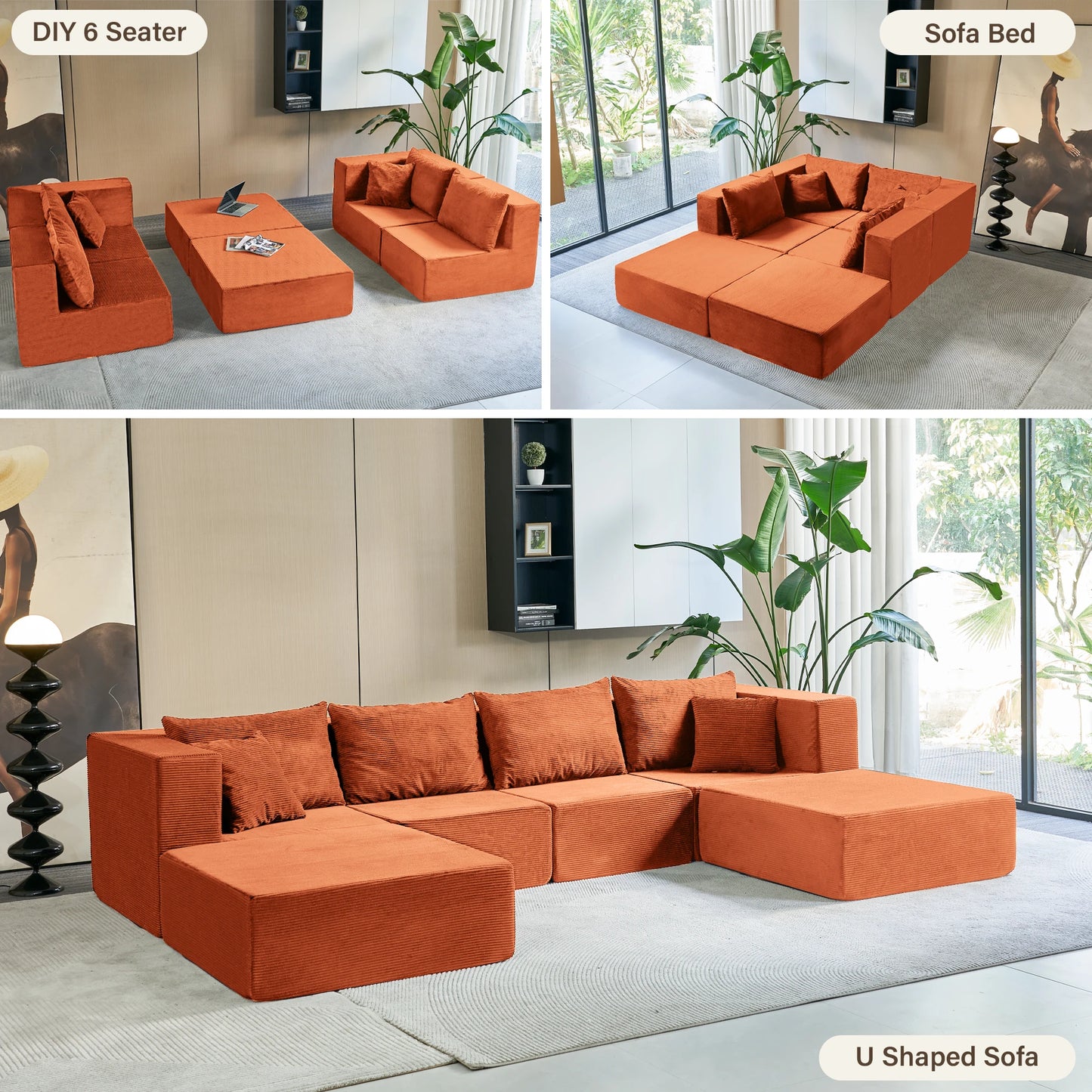 Large Modular Corduroy Sectional Sofa Sleeper Set