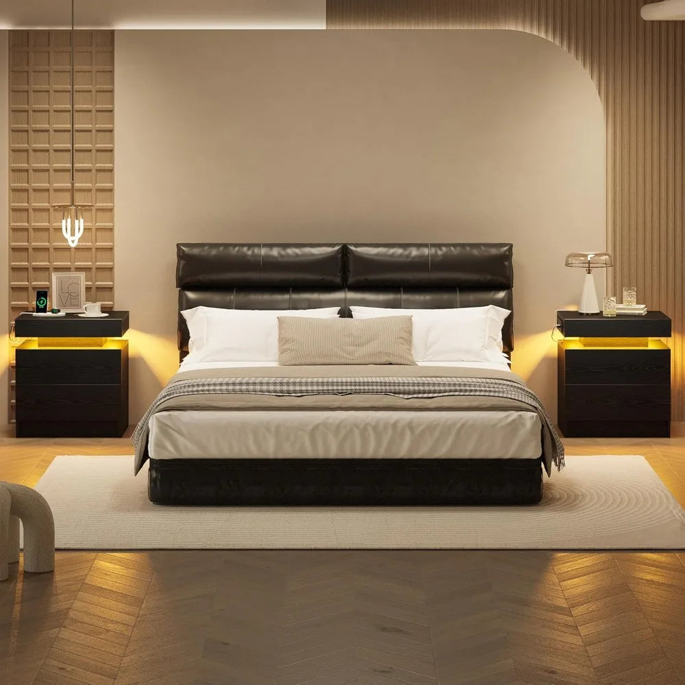 Modern Black LED Nightstand Set Bedside