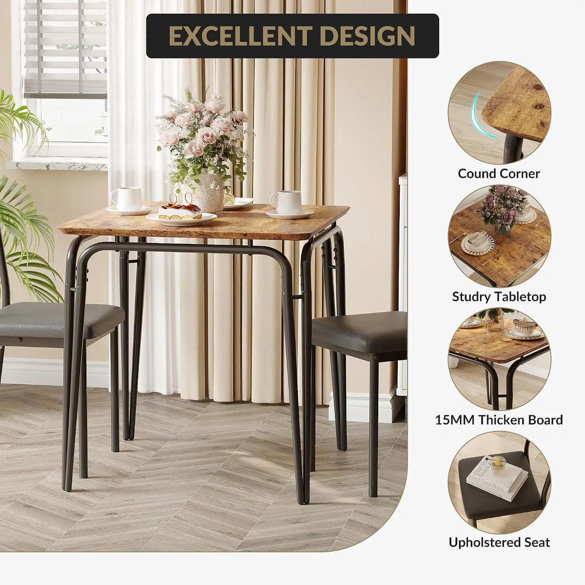 Compact 3-Piece Wood Dining Table Set