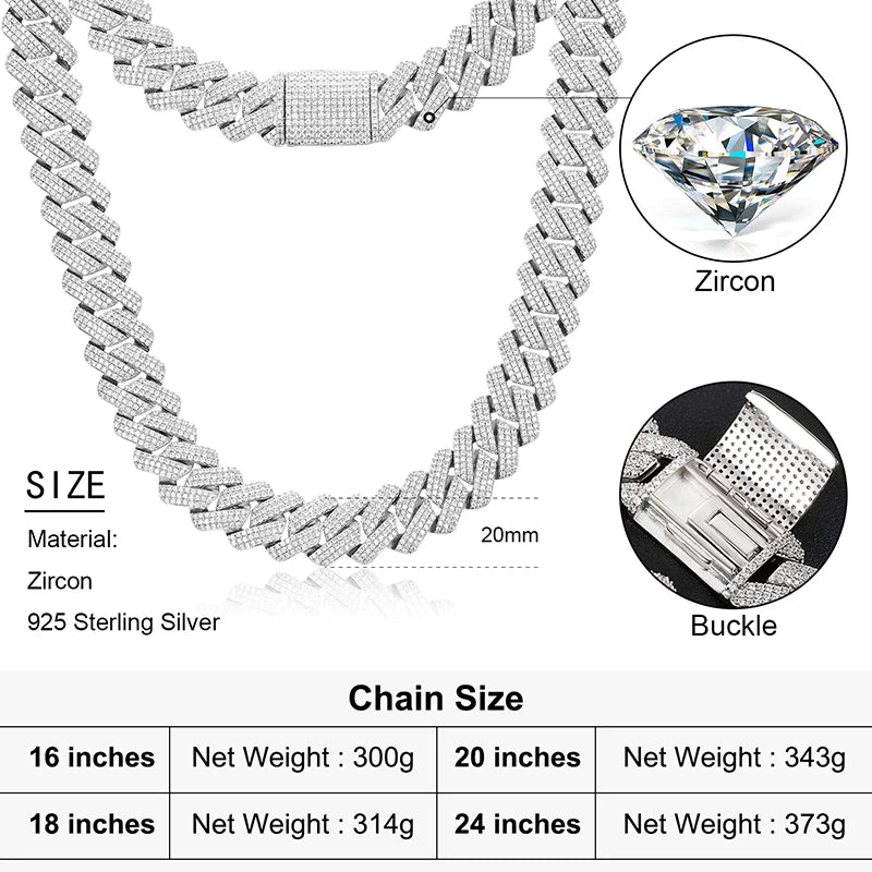 Men's 20mm 3-Row Iced Out Cuban Link Chain | 925 Sterling Silver Hip Hop Jewelry | High Quality AAA+ Cubic Zirconia