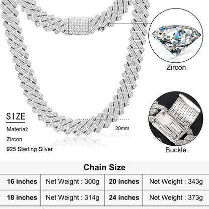 Men's 20mm 3-Row Iced Out Cuban Link Chain | 925 Sterling Silver Hip Hop Jewelry | High Quality AAA+ Cubic Zirconia