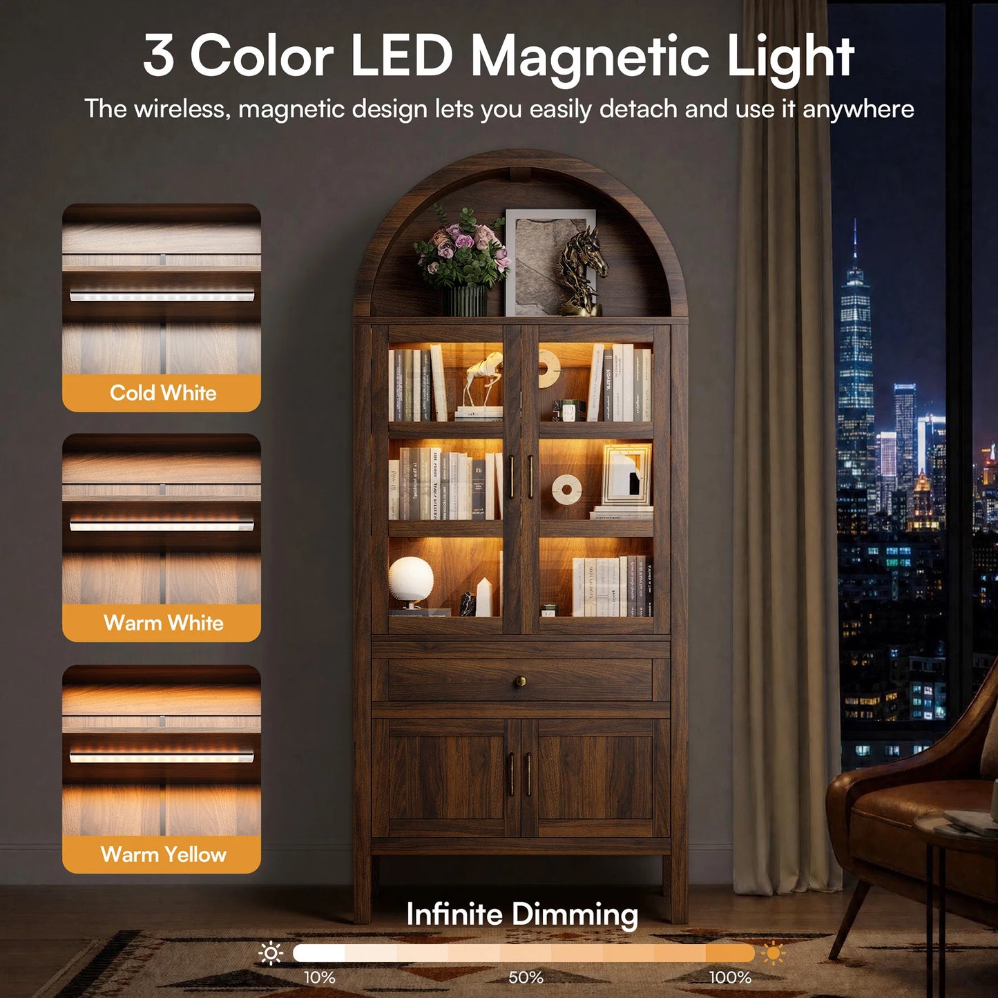 71" Arched Wood Storage Cabinet with Dimmable LED Lights