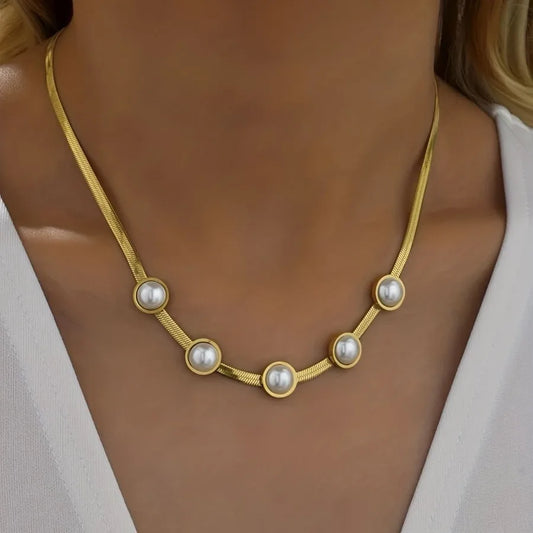 Titanium Steel Necklace Snake Chain With White Freshwater Pearl 18K Gold Plated Jewelry